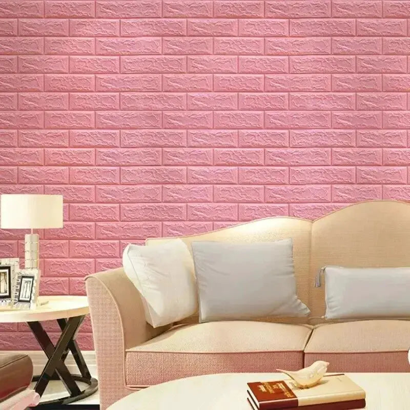Wallpaper wall sticker: pink brick pattern, PVC waterproof, for living room decor beside a beige sofa.