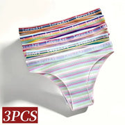 3-piece set of colorful striped cotton women's low-rise briefs; breathable underwear with LotusArt waistband
