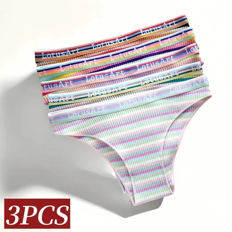 3-piece set of colorful striped cotton women's low-rise briefs; breathable underwear with LotusArt waistband