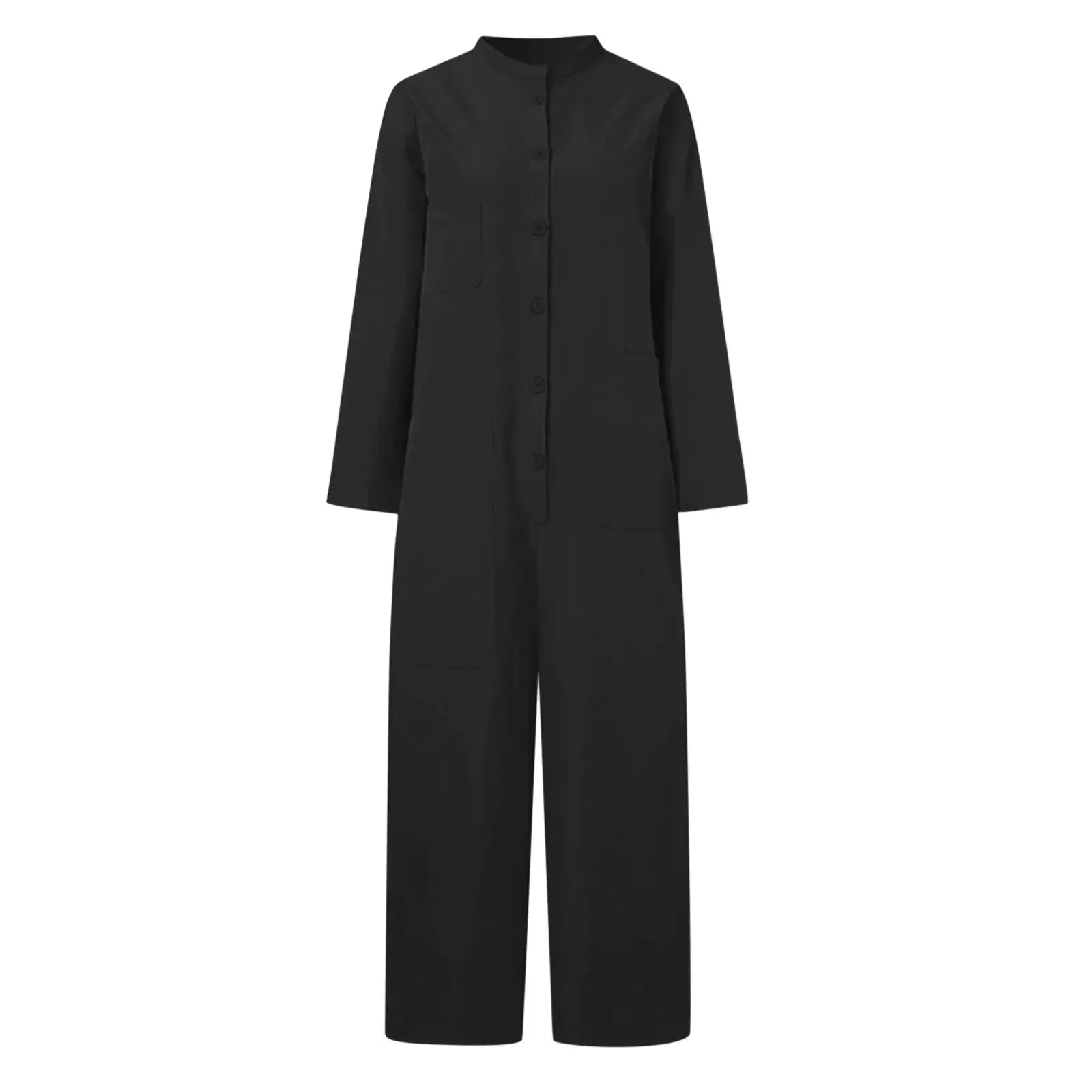 Simples Market women's solid black jumpsuit with long sleeves, button-front and pockets