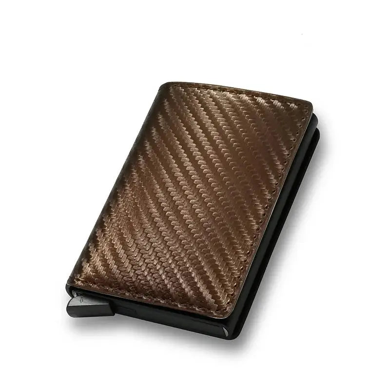 Simples Market anti-RFID carbon fiber card holder wallet with mini automatic pop-up card slot, brown
