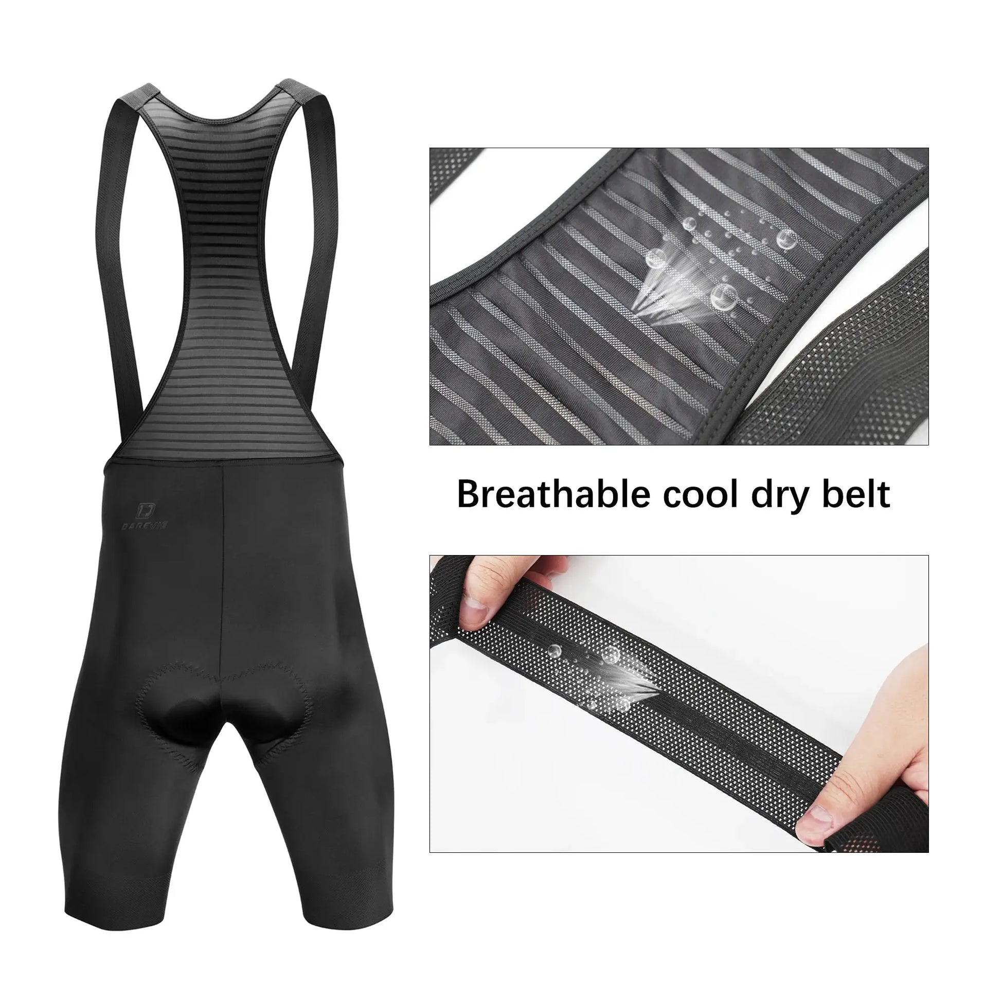 DAREVIE men's cycling bib shorts by Simples Market, black seamless 4-way stretch with breathable back mesh straps