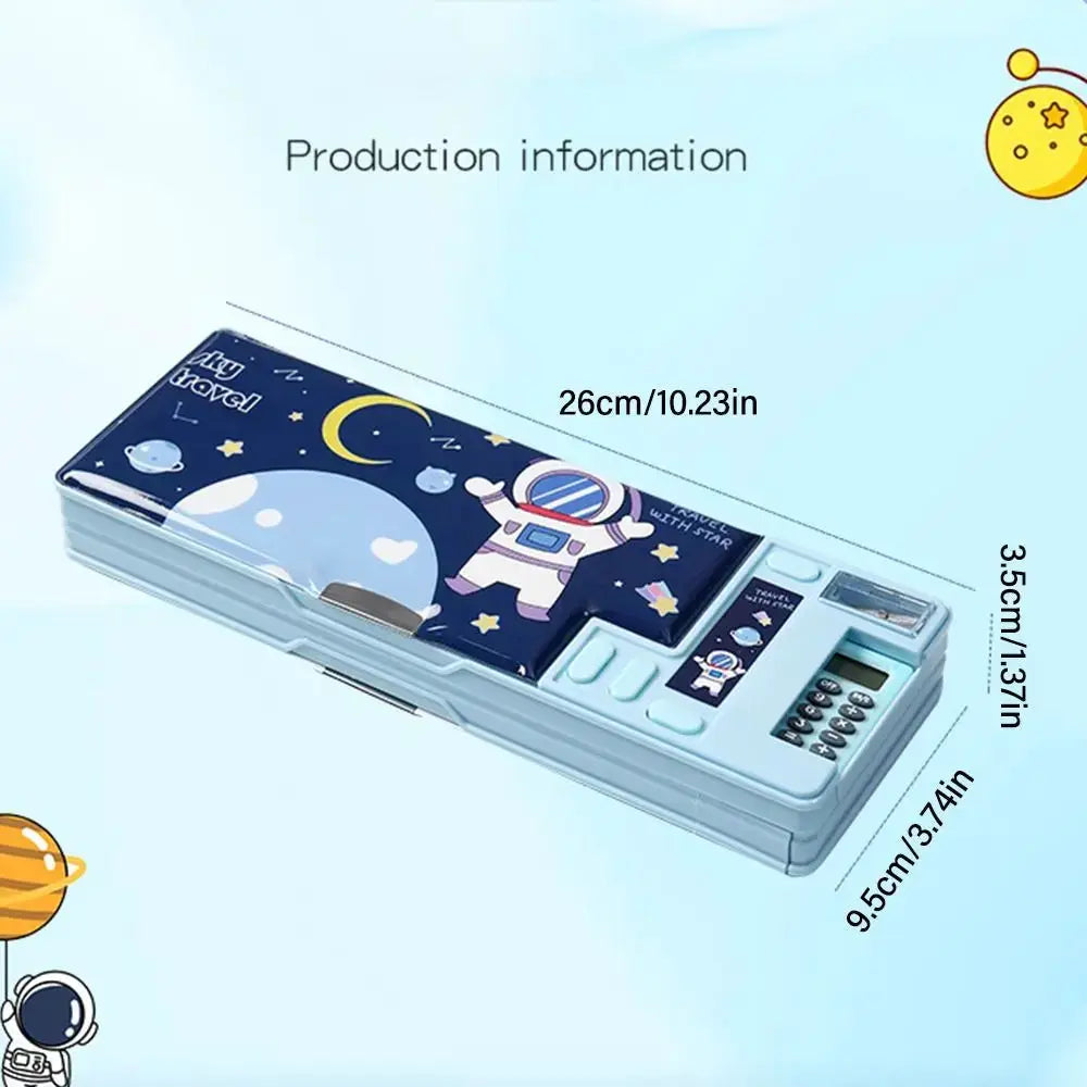 Blue double-layer astronaut-themed pencil case with built-in calculator and sharpener, plastic box