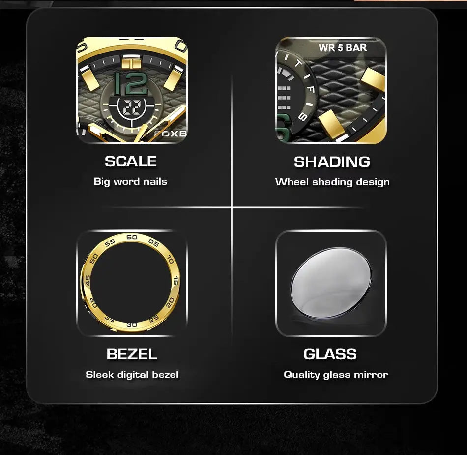 LIGE men's LED wristwatch with gold-tone bezel, black dial, waterproof military quartz; Simples Market.