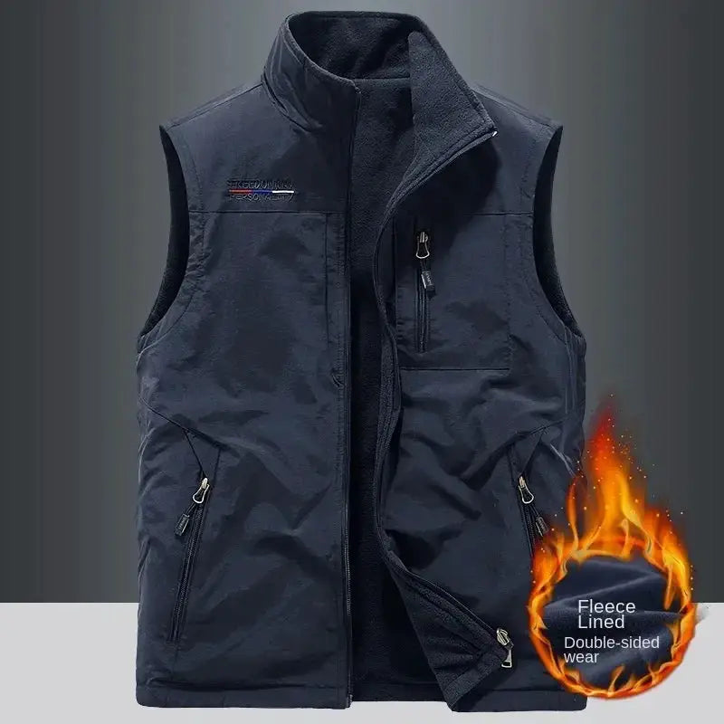 Simples Market men's heated gilet, navy fleece-lined vest with zip pockets, plus size