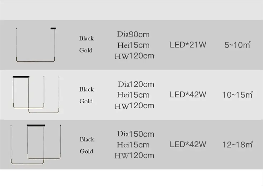 Modern LED strip chandelier light in black and gold; three hanging pendant options with Dia sizes and LED watts by Simples Market