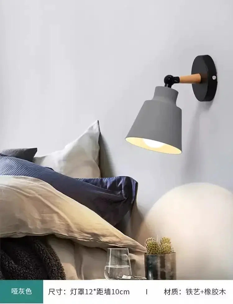 Nordic wooden LED wall lamp with gray metal shade and wood accent, wall-mounted bedroom lighting by Simples Market