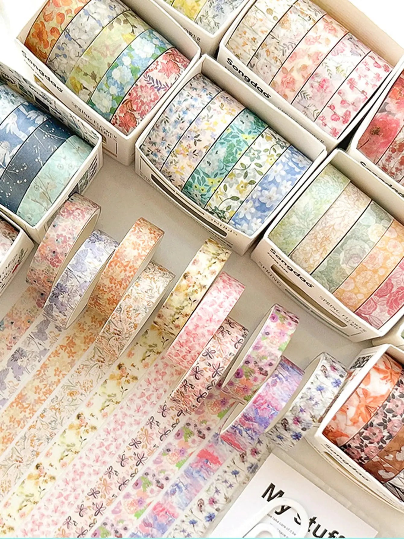 Simples Market boxed floral washi tape set; 5 pastel flower-pattern tapes for DIY crafts