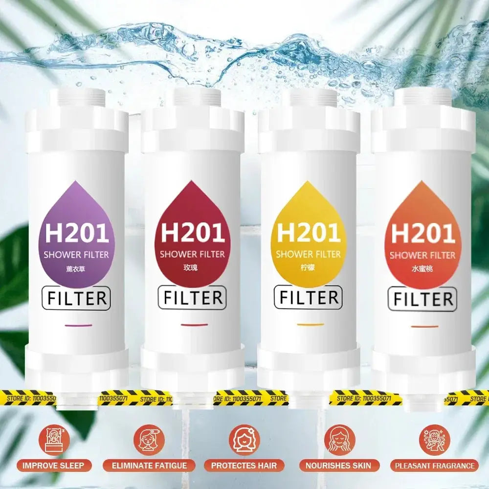 Shower filter cartridges H201, set of four in purple, red, yellow and orange