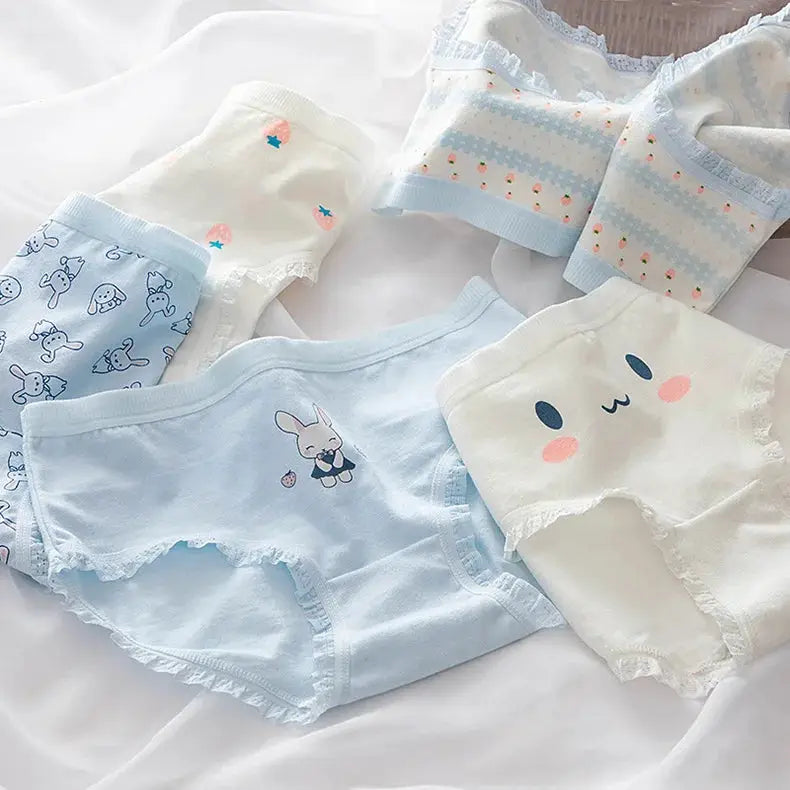 M-XL cotton panties; pastel blue and white briefs with lace trim and cute animal prints (5-pack)