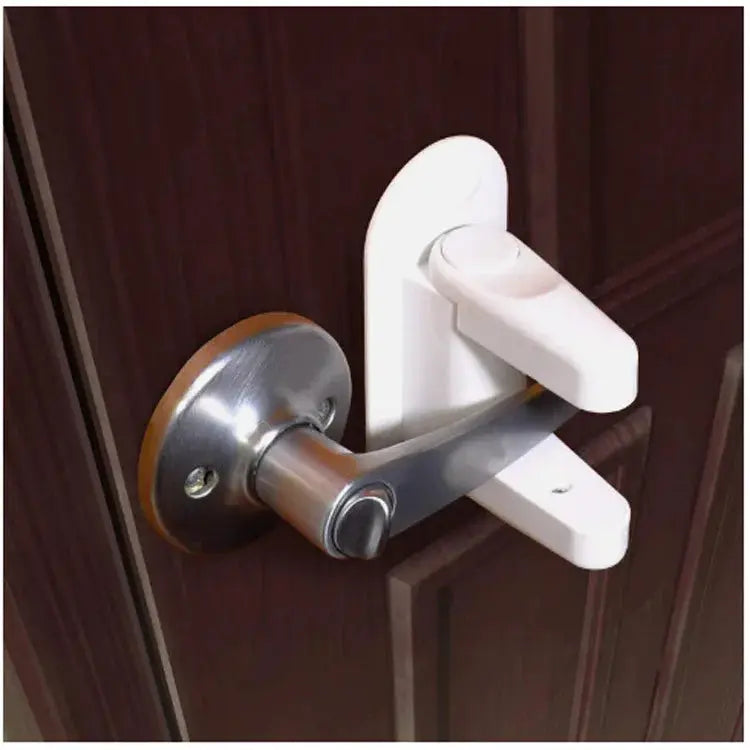 Simples Market universal door lever safety lock, white plastic with metal latch.