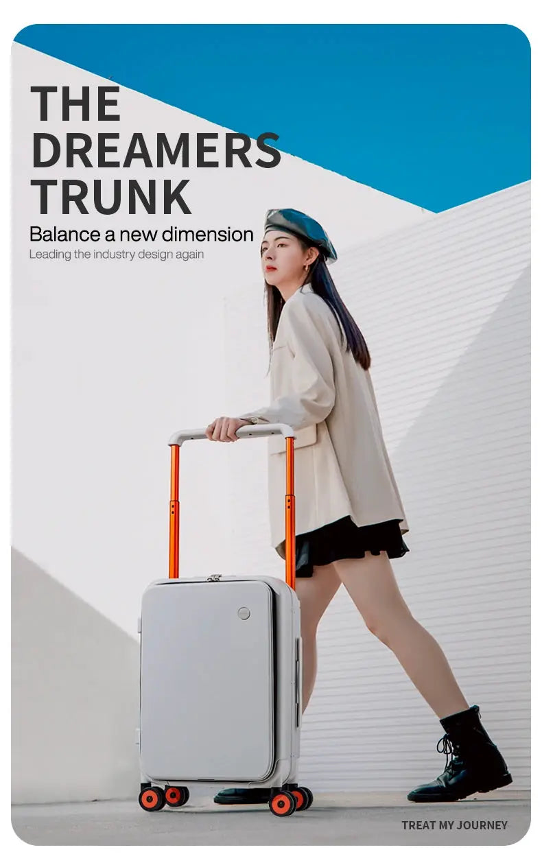Mixi 20-inch carry-on suitcase with gray PC shell, orange telescoping handle and wheels