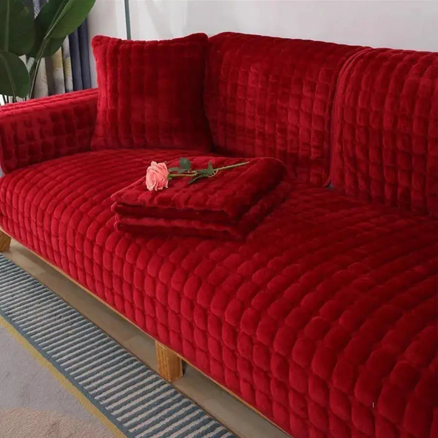 Flannel plaid sofa cover set by Simples Market, red non-slip plush backrest and seat cushion cover