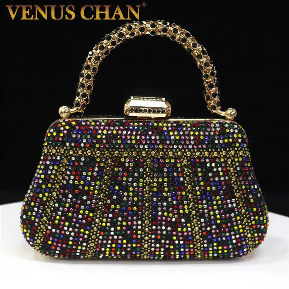 Venus Chan jeweled evening bag clutch with multicolor rhinestones and gold-tone chain handle