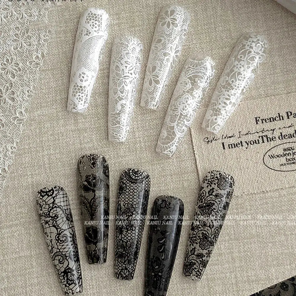 Lace nail transfer stickers set, 10 rolls in black and white full-wrap decals for DIY French manicure by Simples Market