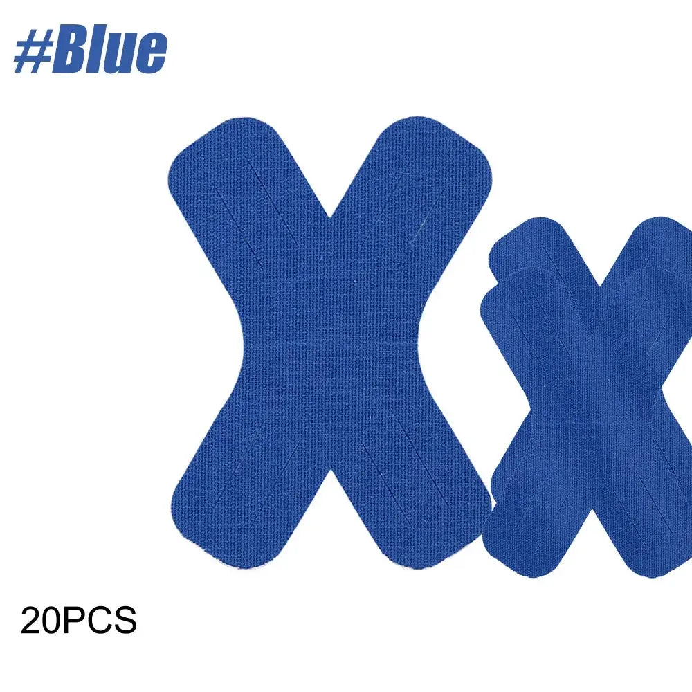 Blue X-shaped kinesiology tape precut, elastic muscle tape for pain relief and joint support, 20 pcs