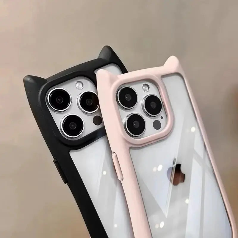PurrTech Soft Silicone Cat Ear Case for iPhone 11 to 17 Pro Max Transparent Shockproof Back Cover
