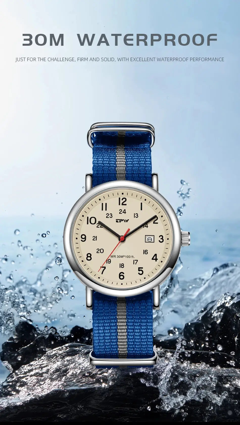TPW field watch with blue fabric strap, beige dial, 24-hour display, date window, quartz movement