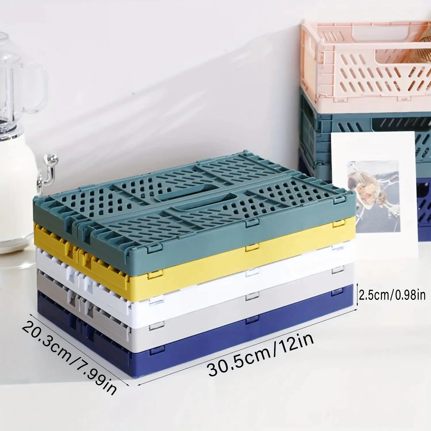 Plastic foldable storage crate from Simples Market, stackable organizer in teal with yellow accents