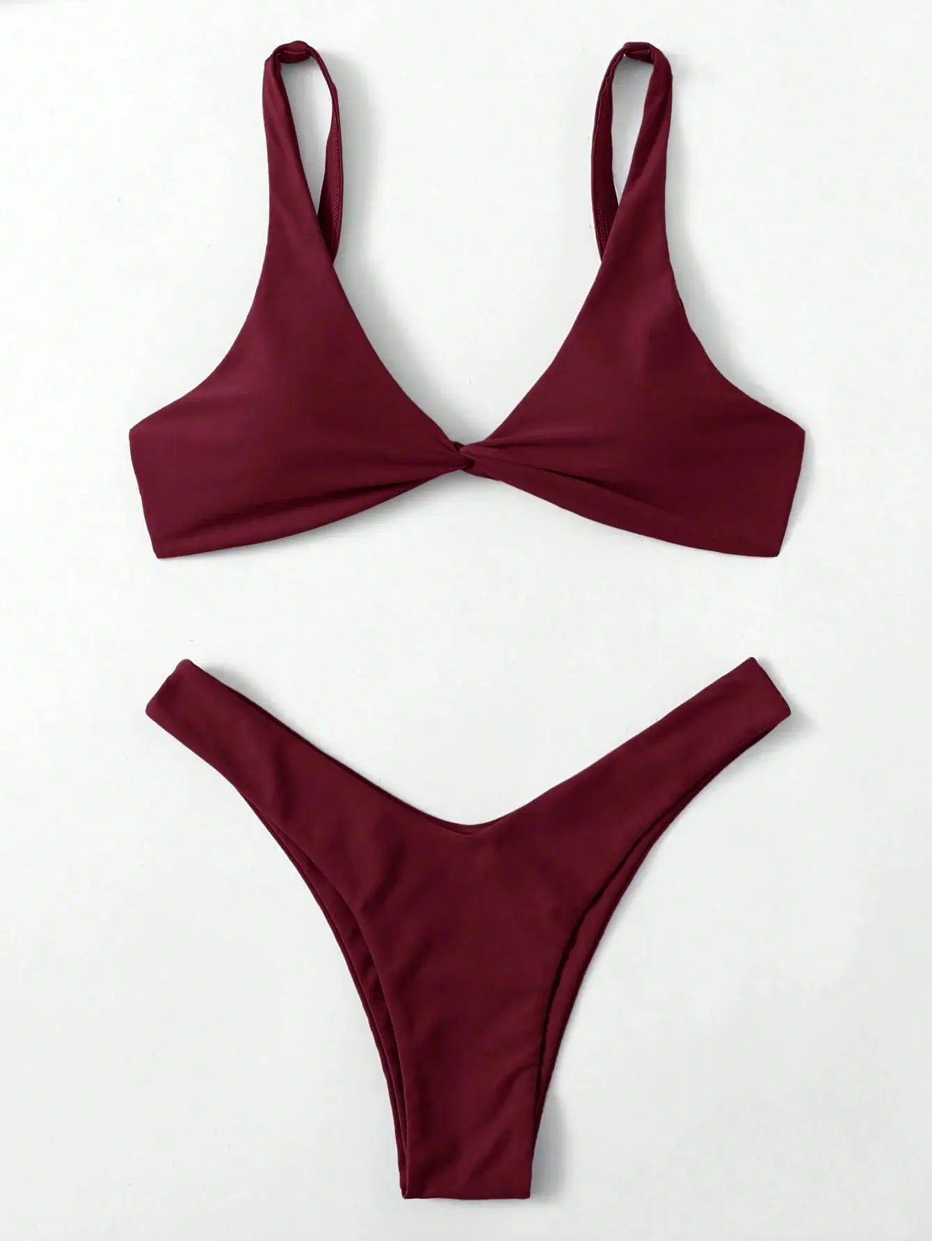 2-piece burgundy bikini set with twist-front triangle top and high-leg bottoms