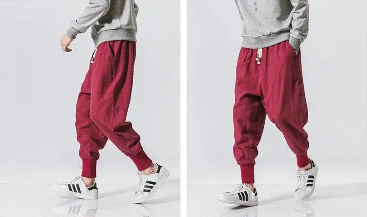 Cotton linen harem pants for men, red baggy streetwear joggers with drawstring waist and cuffed ankles