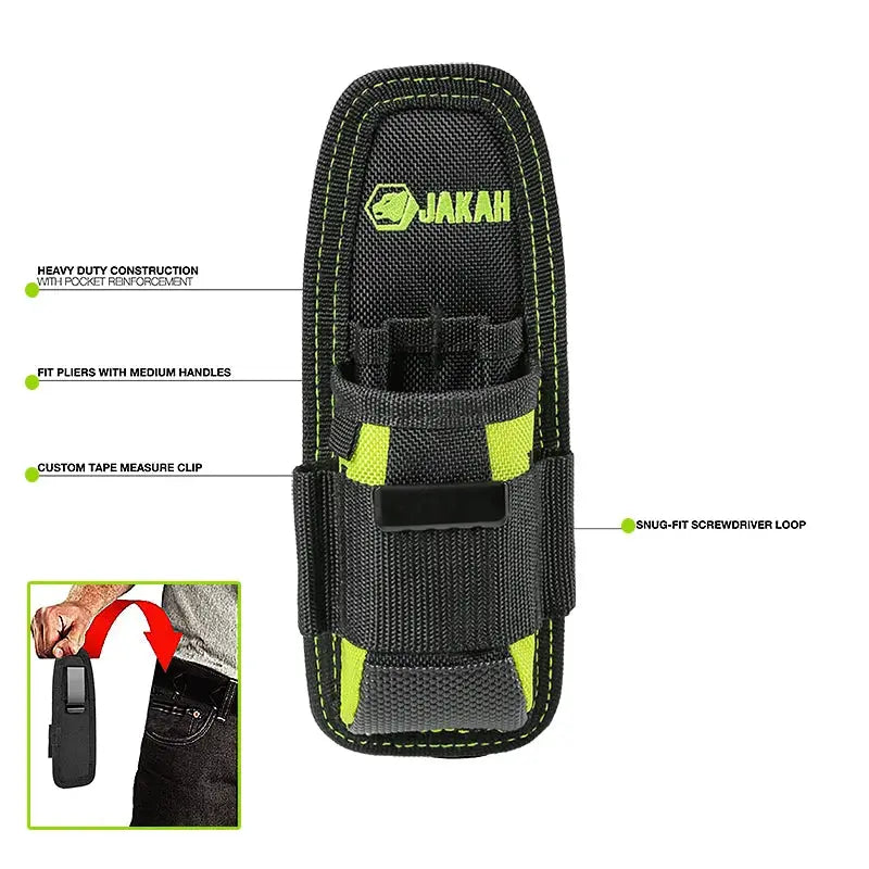 JAKAH small tool holder by Simples Market; black nylon pouch with lime-green stitching, belt clip, screwdriver loop.