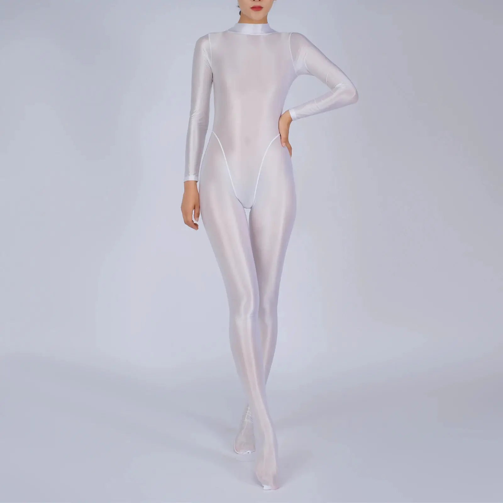 Simples Market women's full-body silver jumpsuit bodysuit with long sleeves and footed legs