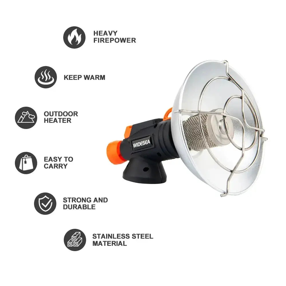 Widesea camping heater with stainless steel reflector and black base, Simples Market brand.