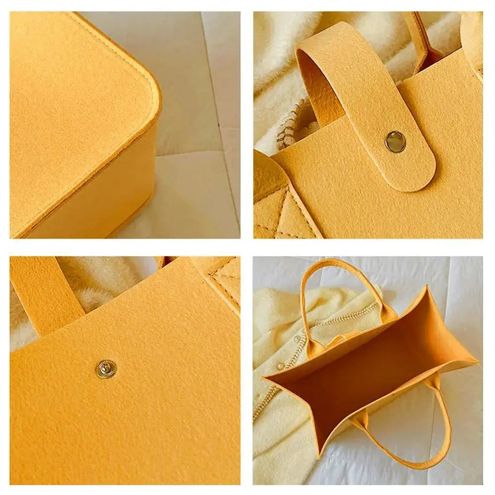 Crossbody bag in yellow felt with top handle, snap closure, and large main compartment