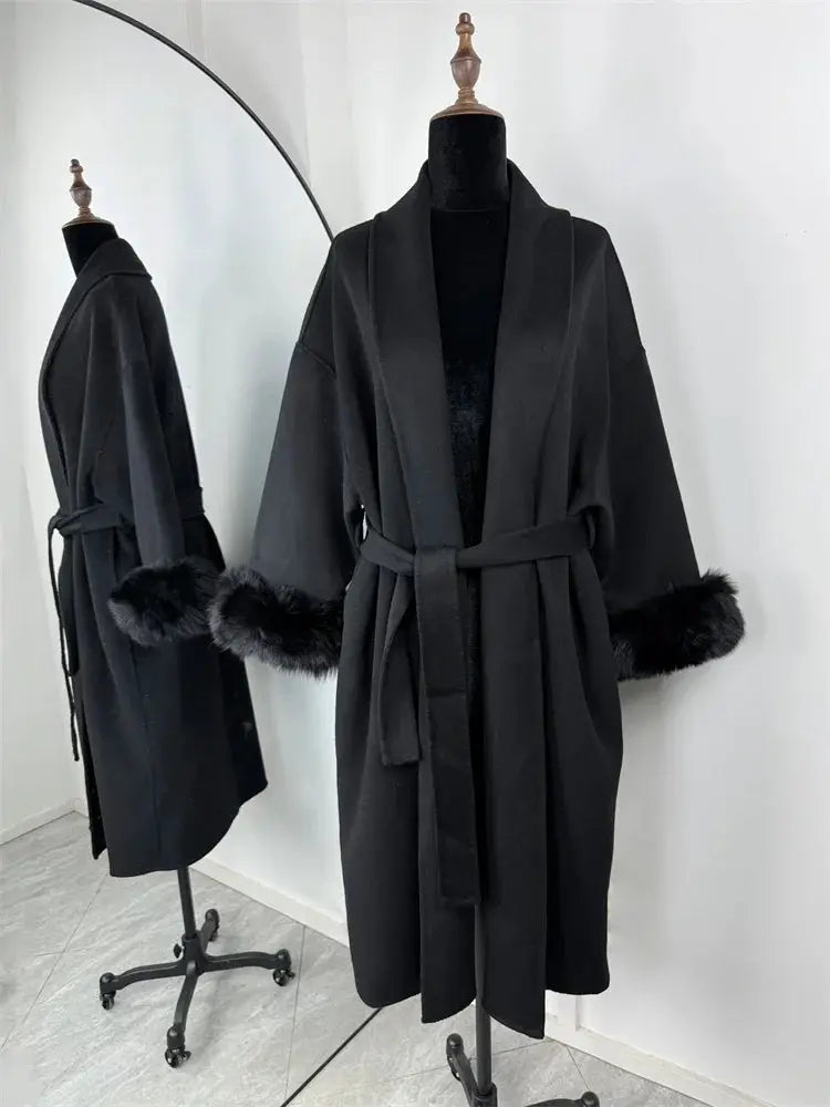 Tossy Fox Fur Wool Overcoat With Fox Fur Cuffs Elegant Loose A Line Short Coat For Autumn And Winter Office Wear