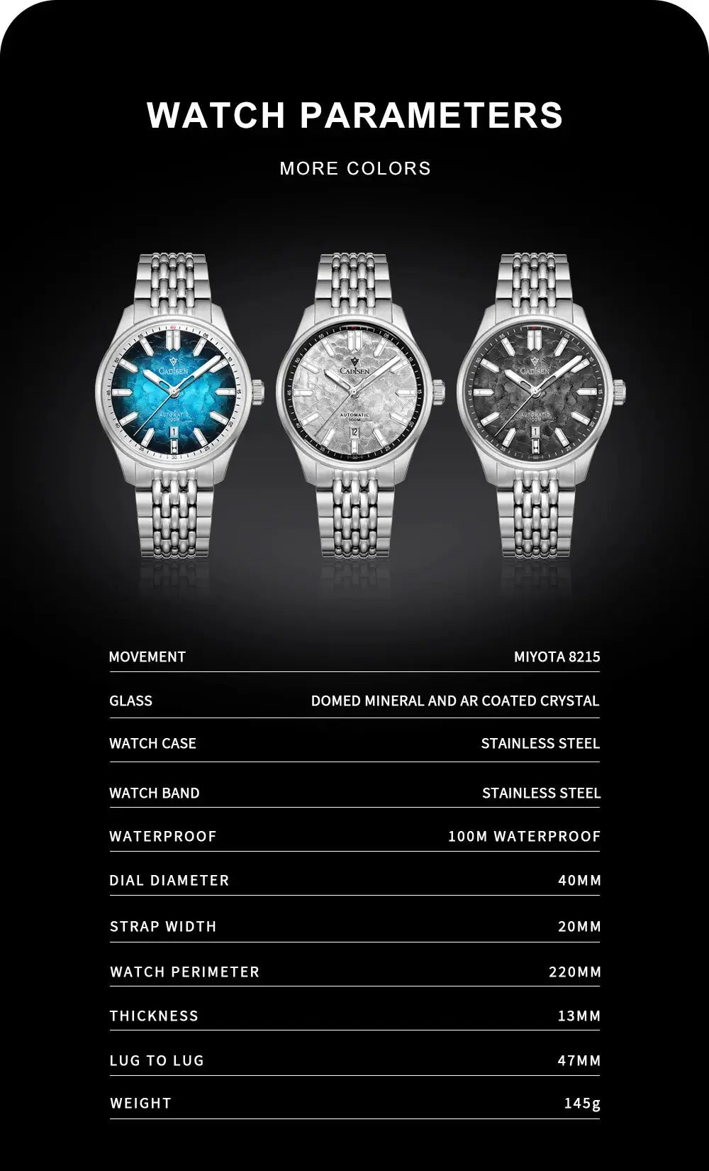 CADISEN automatic men's wristwatch trio with blue, silver, and gray dials on stainless steel bands