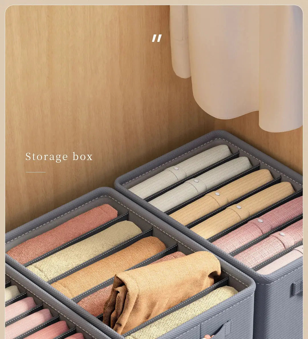 Simples Market storage box organizer with 9-grid grey fabric compartments, two boxes holding rolled clothes.