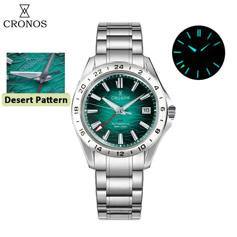 Cronos GS mechanical mens watch with birch-pattern teal dial GMT automatic sapphire glass brushed steel bracelet