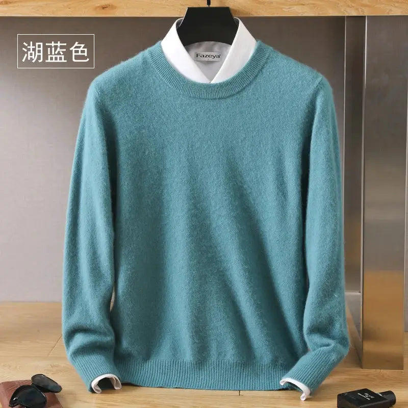 Men's teal mink cashmere sweater, O-neck knit; Fazeya tag visible