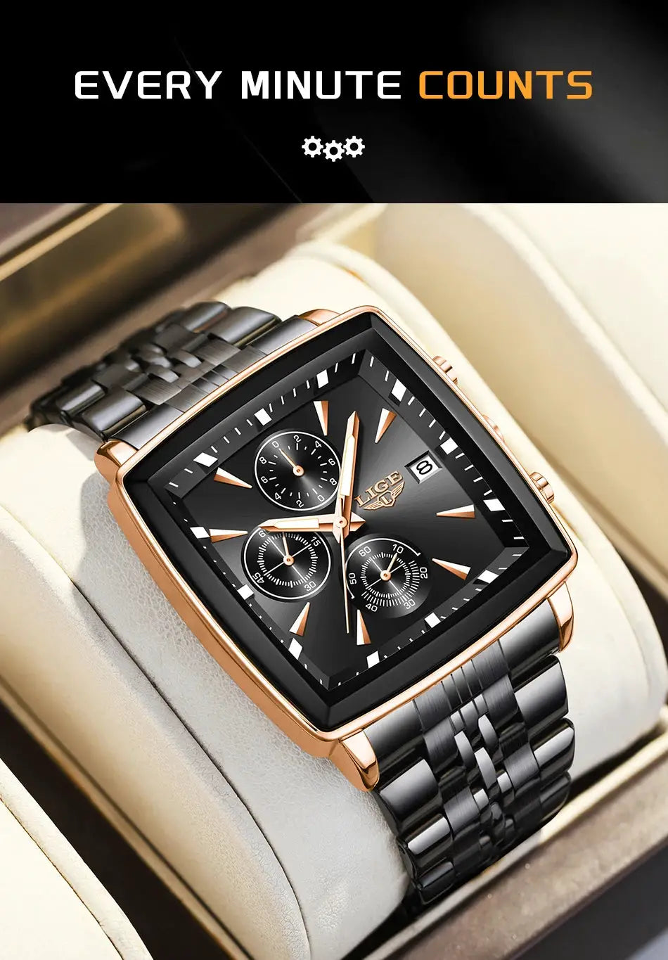 LIGE men's square-dial luxury watch with rose-gold case, black stainless bracelet, chronograph subdials and date, in box