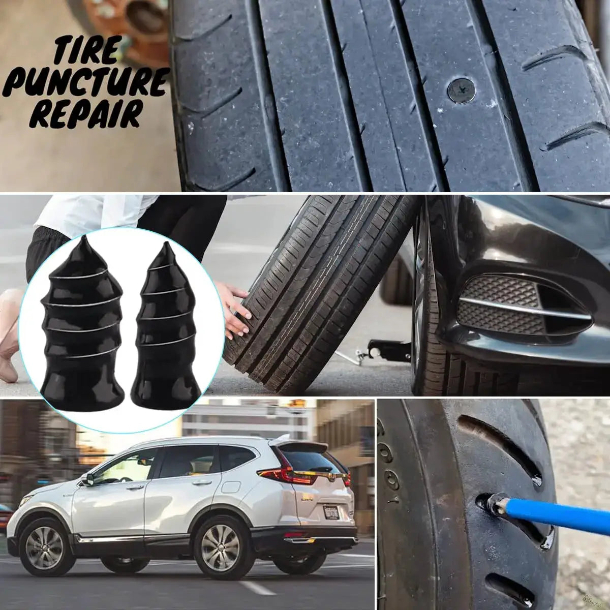 Simples Market tire repair plugs kit; two black rubber spiral plugs for punctures on car and truck tires.