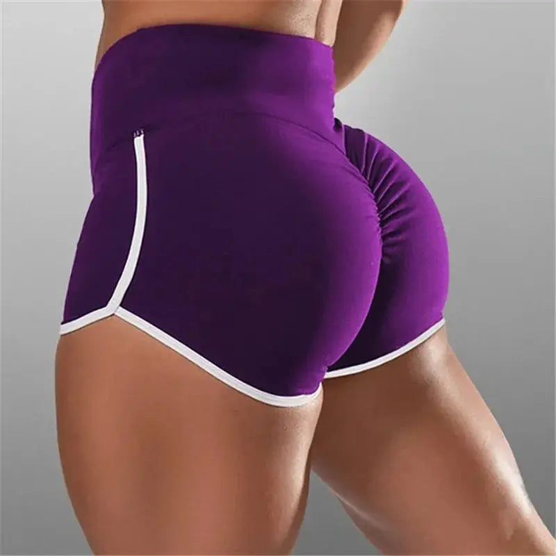 Purple high-waisted women's gym shorts with white trim, stretchy athletic shorts (2 pcs)