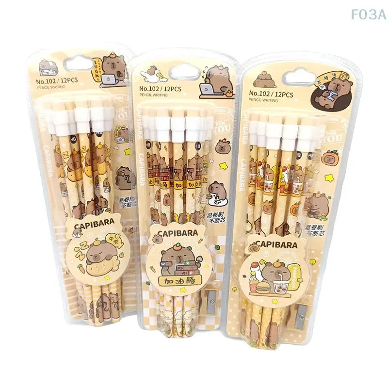 Three packs of 12-piece Capybara HB pencils by Simples Market, featuring cute beige capybara designs with white erasers