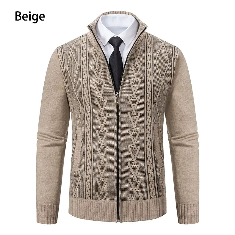 Men's beige knitted zip cardigan coat with geometric front panel pattern; warm cashmere-padded.