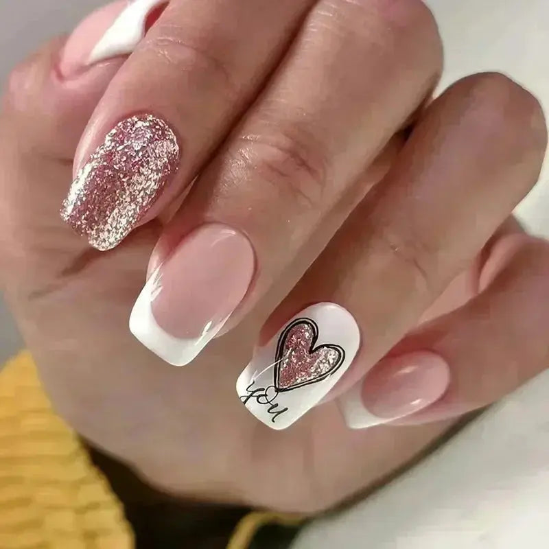 GlamNail Pro 24Pcs Short Square Coffin Press On Nails Set With Glue French Glitter Ballet Style