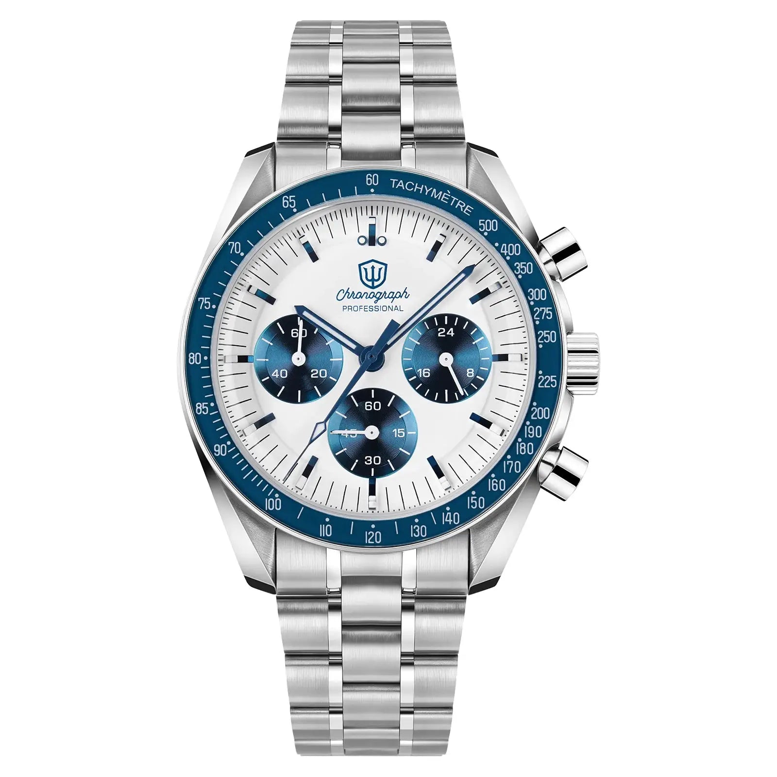 Simples Market WD1863 stainless steel 39mm chronograph watch with blue bezel and white dial