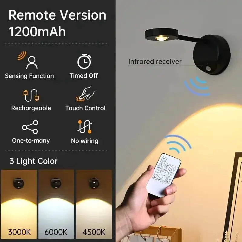 HPH USB Rechargeable Intelligent Wall Light; remote control, dimmable LED spotlight, 3 color temps (3000K/4500K/6000K)