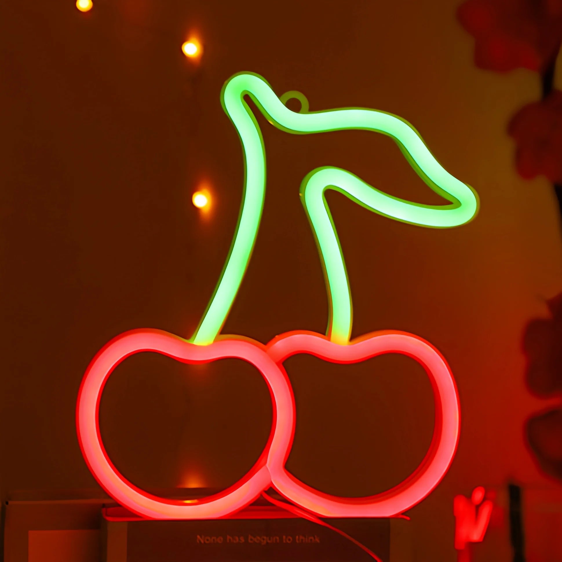 Cute cherry neon LED sign with red cherry shapes and green stems, USB or battery powered decorative light
