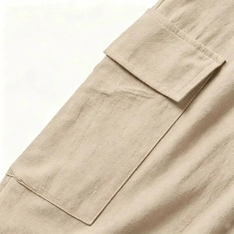 Men's cotton-linen blend cargo jogger pants with multiple pockets, beige, breathable streetwear