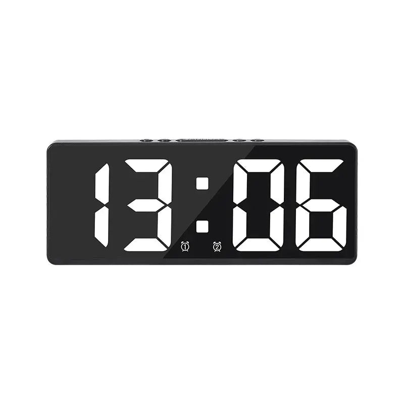 Black acrylic mirror LED digital alarm clock with large white digits for tabletop use