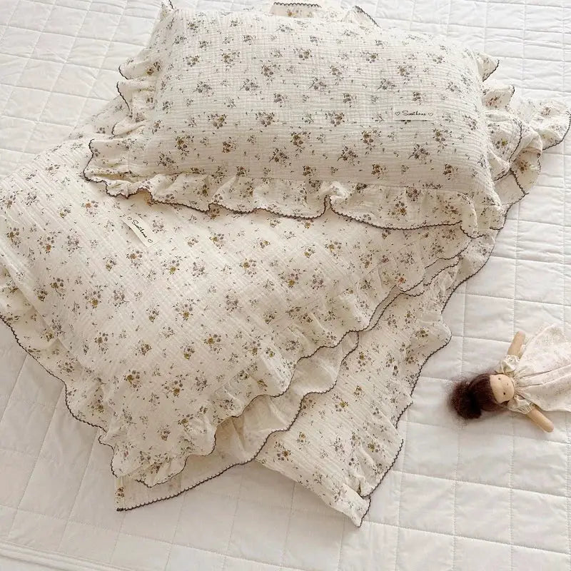 INS Princess Ruffle Edge Gauze 100% Cotton 3pc floral ivory bedding set by Simples Market