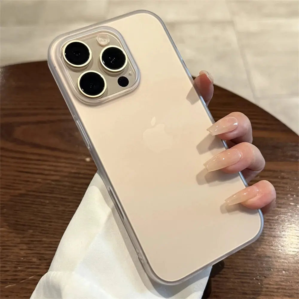 Soft matte candy transparent phone case with silicone bumper; clear back shows triple camera module, Apple logo visible