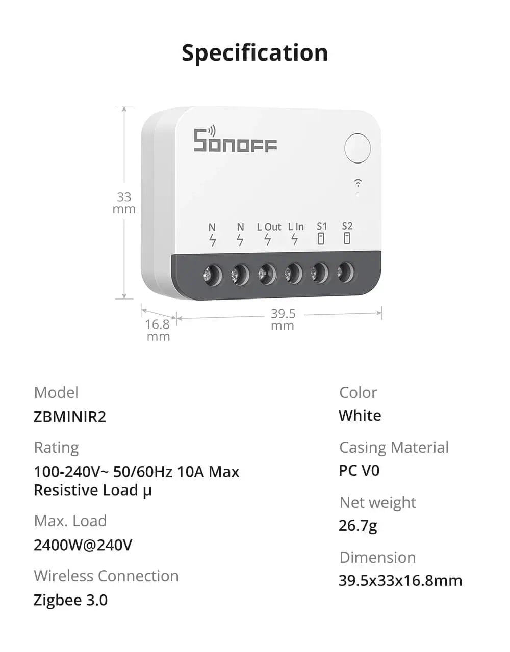 SONOFF ZBMINIR2 Zigbee smart switch module, white housing with N N L Out L In S1 S2 terminals.