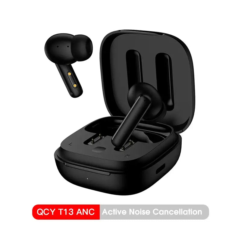 QCY T13 ANC wireless earbuds (2) in black with charging case
