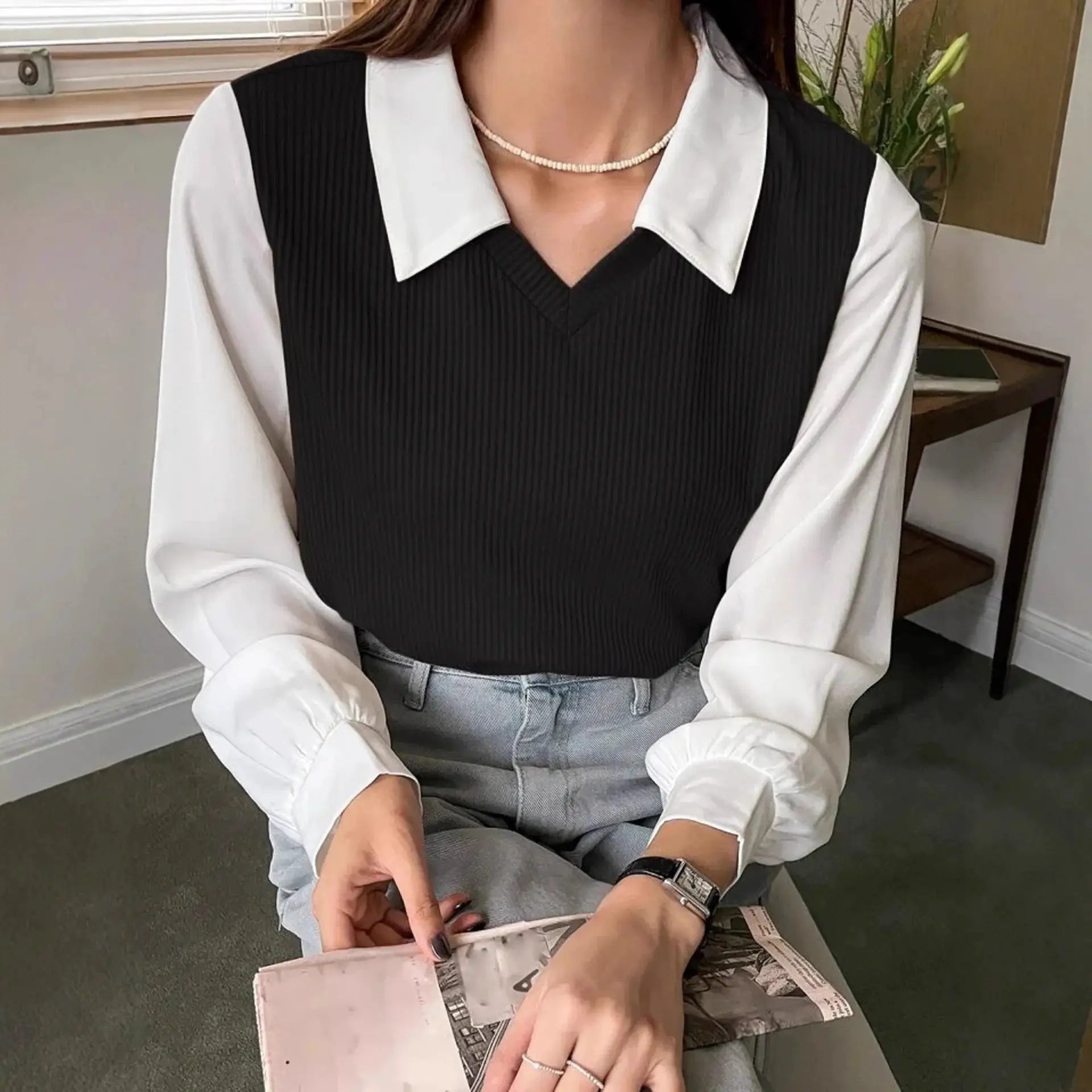Summer Blouse For Women Korean Style False Two Piece Polo Collar Blouses Y2K Tops Streetwear Loose Fit Elegant Shirt